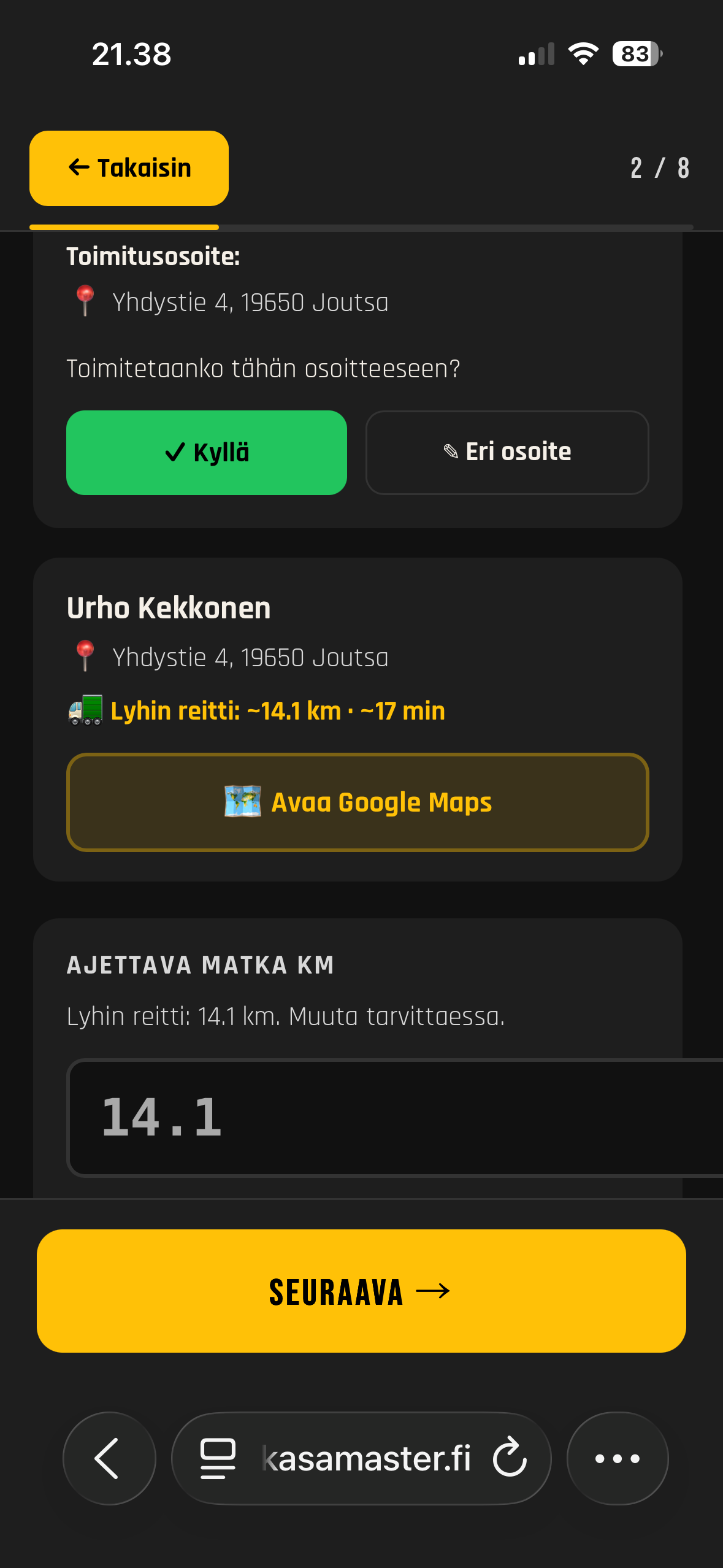 Toimitusosoite ja reitti
